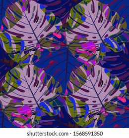 Seamless Pattern with Hawaiian Rainforest. Trendy Colorful Texture with Tropical Leaves for Print, Swimwear, Underwear. Vector Tropical Pattern.