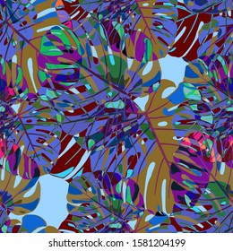 Seamless Pattern with Hawaiian Rainforest. Trendy Colorful Texture with Tropical Leaves for Print, Textile, Linen. Vector Tropical Pattern.