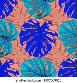 Seamless Pattern with Hawaiian Rainforest. Trendy Colorful Texture with Tropical Leaves for Dress, Swimwear, Cloth. Vector Tropical Pattern.