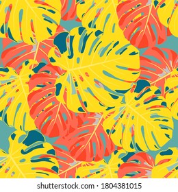 Seamless Pattern with Hawaiian Rainforest. Vintage Colorful Texture with Tropical Leaves for Paper, Swimwear, Textile. Vector Tropical Pattern.