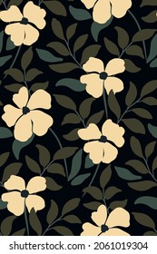 Seamless pattern in Hawaiian style. Dark floral print with white flowers and lush foliage. Vector illustration.