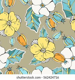 Seamless pattern with hawthorn berries and flowers.