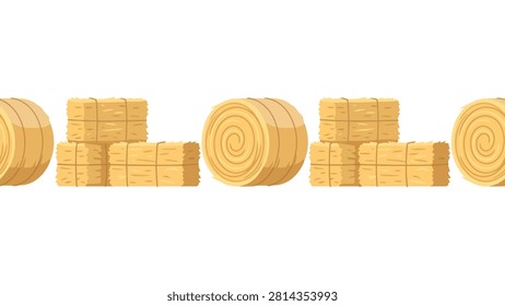 Seamless pattern with hay bales. Farm harvest background with straw rolls and stacks.