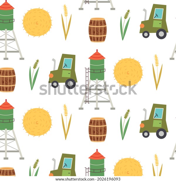 Seamless pattern haystack tractor. Repetitive\
background with a rustic motif. Vector hand draw paper, nursery\
design wallpaper