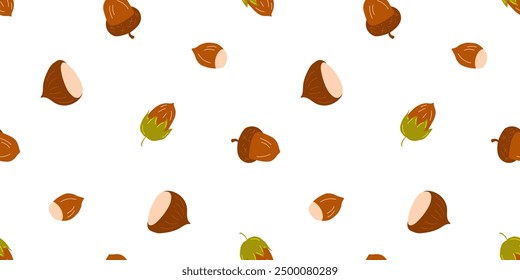 Seamless pattern with hazel nuts, acorns, chestnuts on a white background for textile, fabric, wrapping paper