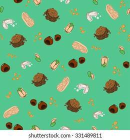 seamless pattern with hazelnut, cashew, peanut, walnut on the turquoise background