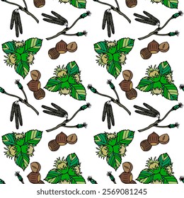 Seamless pattern of hazelnut clusters, green leaves, and catkin branches on a brown background. Hand-drawn botanical design for textile and wallpaper.