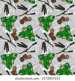 Seamless pattern of hazelnut clusters, green leaves, and catkin branches on a brown background. Hand-drawn botanical design for textile and wallpaper.