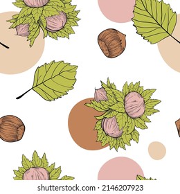 Seamless pattern hazelnut many fruit nuts and kernels, leaves in sketch style. Background with bright spots for packing hazelnut or chocolate, nut paste