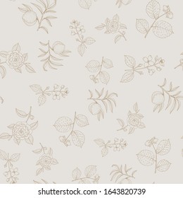 Seamless pattern with hazelnut, peach, japanese camellia and Lewis mock-orange. Hand drawn botanical vector illustration