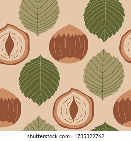 Seamless pattern with hazelnuts and leaves. Healthy diet. Modern background for packaging, ads, labels and other designs. Hand drawn illustration.