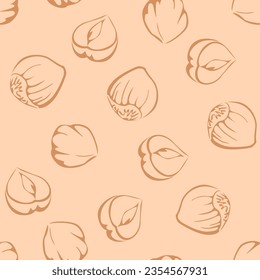 Seamless pattern with hazelnuts. Line art vector illustration. Healthy organic food background. 