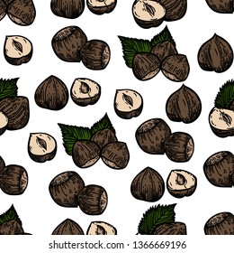 Seamless pattern of hazelnuts on white background.