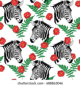 Seamless Pattern with a head of African Zebra and floral Design Pattern.