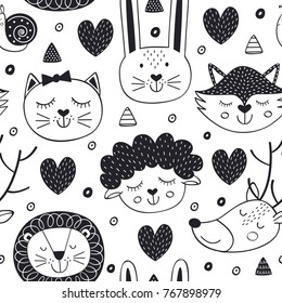 seamless pattern with head animals in Scandinavian style - vector illustration, eps
