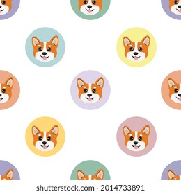 Seamless pattern with head corgi in colorful circles. Cartoon design animal character flat vector style. Baby texture for fabric, wrapping, textile, wallpaper, clothing. Funny little doggy.