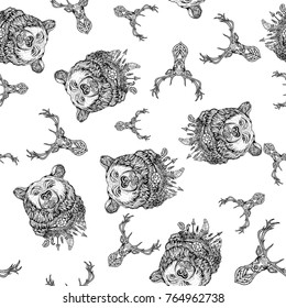 Seamless pattern with the head of a deer and bear. Ornament for textile and wrapping. Vector.