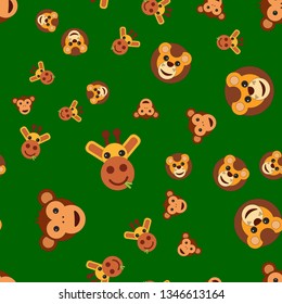 Seamless pattern of the head of a giraffe lion and monkey. Vector illustration in cartoon style on a colored background.