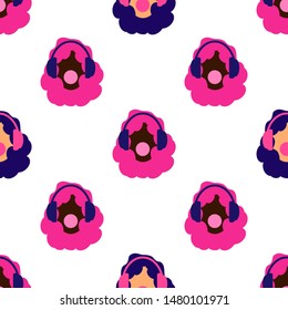 Seamless pattern with the head of a girl in headphones. African American girl with pink hair. Fashionable woman inflates a bubble of chewing gum. White background