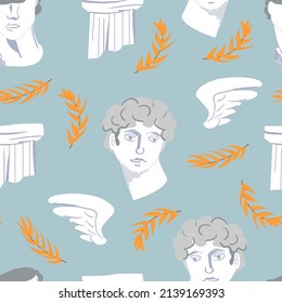 Seamless pattern with head of greek statue, antique column, wings and olive branches. Mythical, ancient greek vector background in modern style