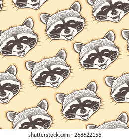 seamless pattern with head of a happy raccoon.