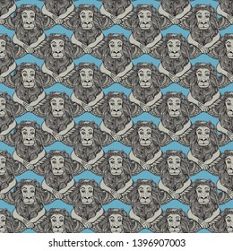seamless pattern with head of lion with wings on blue background. from greek mythology . Mediterranean style. geometric wallpaper 