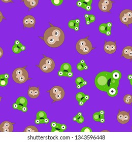 Seamless pattern of the head of an owl and a frog. Vector illustration in cartoon style on a colored background.