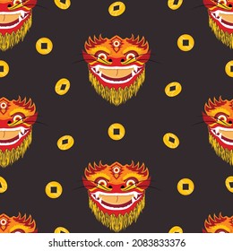 Seamless pattern with the head of a red chinese dragon and a lucky coin with a hole on a dark background in cartoon style