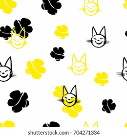 Seamless pattern with head of smiling happy cat and the abstract flowers.Hand-drawn  vector illustration on white background.