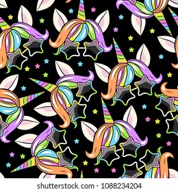 Seamless pattern with head of unicorn on BLACK background