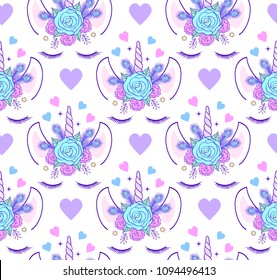 Seamless pattern with head of unicorn on white background