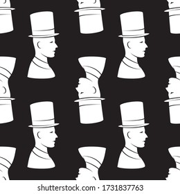 seamless pattern of a head in a vintage hat on a black background. Vector image eps 10