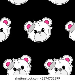 Seamless pattern with head of Wrong and Raped Teddy Bear toy. Black Emo Goth background. Gothic aesthetic in y2k, 90s, 00s and 2000s style. Vector illustration