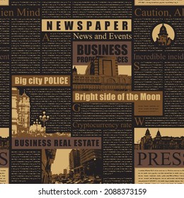 Patrón sin inconvenientes con titulares, ilustraciones y texto ilegible sobre un fondo oscuro. Antecedentes de repetición vectorial, papel de pared, papel de envoltura, tela con páginas de periódicos o revistas antiguas en estilo retro