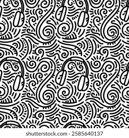 Seamless pattern. Headphone with doodle. Simple illustration. Hand drawn doodle for sticker, postcard, wallpaper, mural, fabric, prints, wall decor, clothing, etc