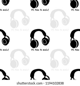 Seamless pattern with headphone icon and It's time to music! text.