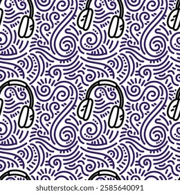 Seamless pattern. Headphone with purple doodle. Simple illustration. Hand drawn doodle for sticker, postcard, wallpaper, mural, fabric, prints, wall decor, clothing, etc