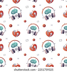 Seamless pattern with headphones. Listening to music, Podcast, Streaming, Online show, blogging, radio broadcasting. Vector illustration.