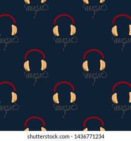 Seamless pattern with headphones on the dark background for music lovers. Perfect for wallpaper, wrapping paper, scrapbook, textile and other design. 