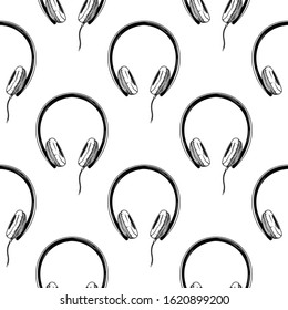 Seamless pattern. Headphones on white background. Vector illustrations in sketch style
