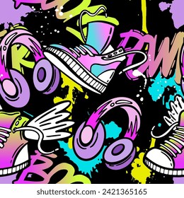 Seamless pattern with headphones, sneakers shoes and graffiti. Texture background. Wallpaper for teenager. Fashion style boy