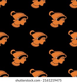 Seamless pattern with heads of ancient Greek women. Vase painting style. On black background.