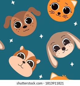 Seamless pattern with the heads of a cat, dog, rabbit and hamster on a blue background .