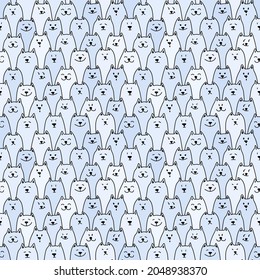 Seamless pattern with heads of cats, dogs. Different pet emotions. Light blue colors, calm pastel shades. Black outline. Endless texture for backgrounds, wallpapers, textiles, fabrics, wrapping paper.