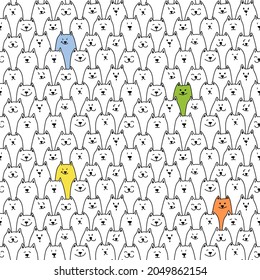 Seamless pattern with heads of cats, dogs. Different pet emotions. Drawing in black outline on a white background. Several bright spots. Endless texture for backgrounds, wallpapers, textiles, fabrics.