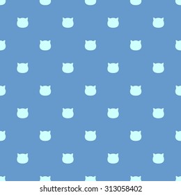Seamless pattern of the heads of cats flat design in denim blue color, style polka dot