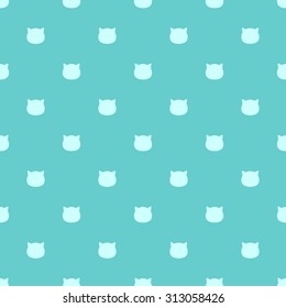 Seamless pattern of the heads of cats flat design in aquamarine color, style polka dot