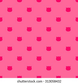 Seamless pattern of the heads of cats flat design in bright pink berry color, style polka dot