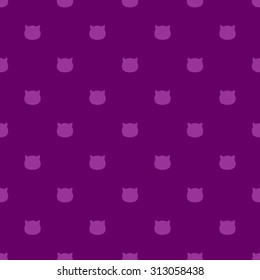 Seamless pattern of the heads of cats flat design in bright purple polka dot style