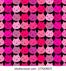 Seamless pattern of the heads of cats pink and light pink on a black background
